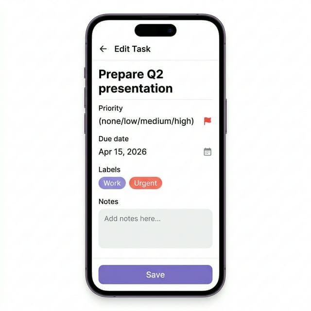 Task detail view with priority, labels, and due date