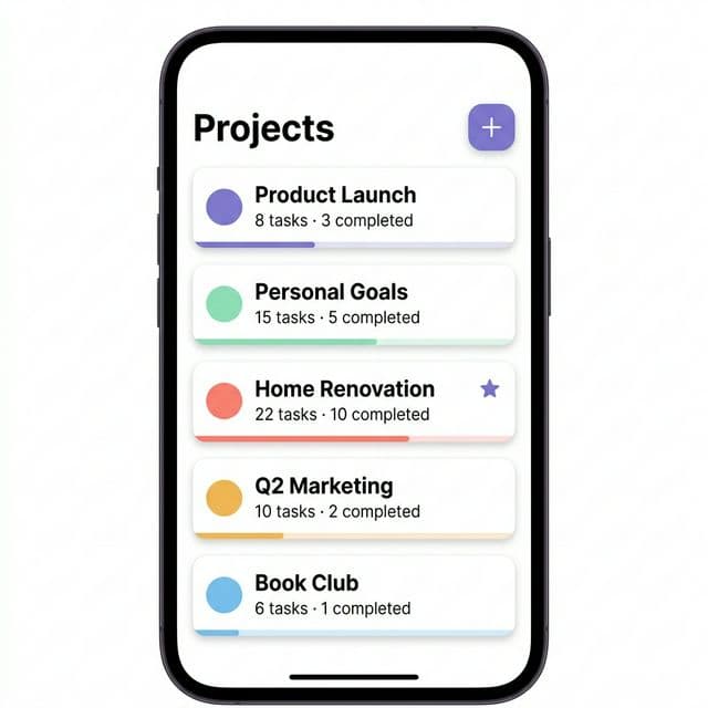 Project list with colored categories and progress bars
